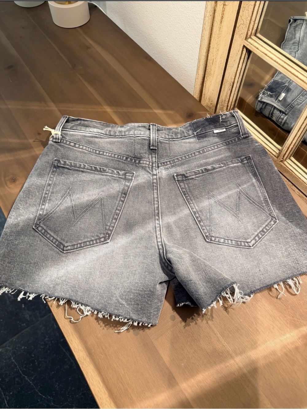 MOTHER Women's Washed Gray Denim Cutoff Shorts SKIPPER Short Fray LETS RIDE New